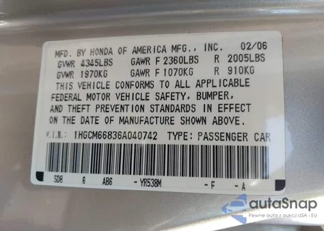 2006 Honda Accord 3.0 Ex из США, поврежденный, VIN 1HGCM66836A040742